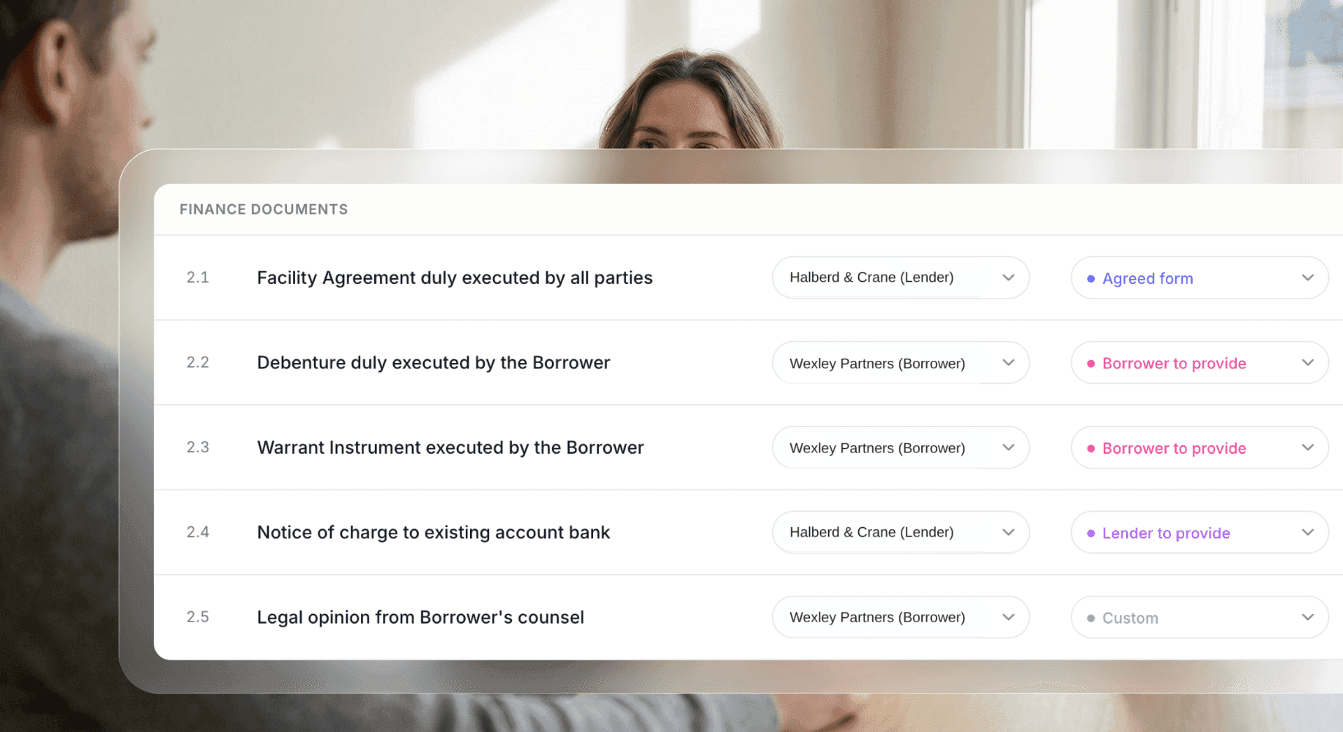 Clean checklist UI with CPs, status, responsible party and deadlines